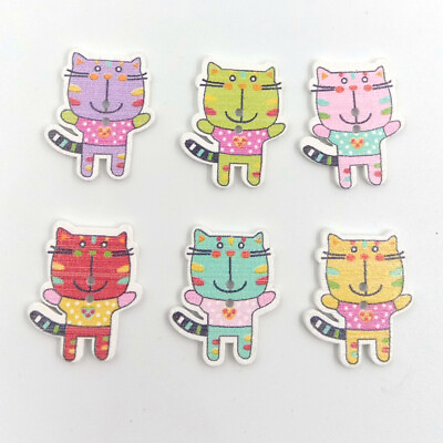 #ad 50PC Cartoon Wooden Cat Buttons Assorted Colors $10.44