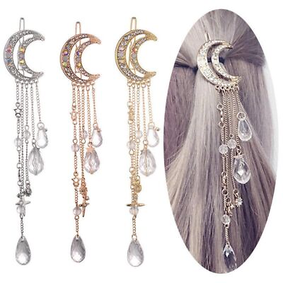 #ad Women Moon Hairpin Crystal Rhinestone Hair Clip Beads Tassel Dangle Hairpins 1Pc $13.55