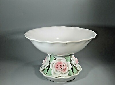 #ad Porcelain China Footed Rose and Petals on White Pedestal Bowl $29.95