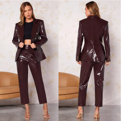 #ad Desinger Women Suits Shiny Leather V Neck Evening Party Ladies Tuxedos 2 Pieces $102.23