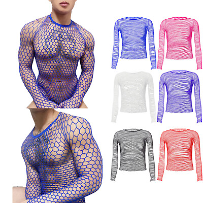 #ad Mens See Through Long Sleeve Mesh T Shirts Stretch Fishnet Shirt for Muscle Top $11.15