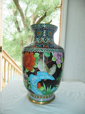 #ad Antique Chinese Cloisonne Enamel Bronze Landscape 12quot; Vase $225.00