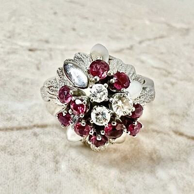 #ad 14K Vintage Diamond amp; Ruby Cocktail Ring White Gold Ruby Ring Ruby Cluster Ring $697.50