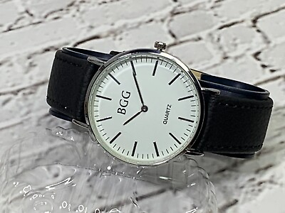#ad Men#x27;s Ultra Thin BGG Dress Minimalist White Silver Wrist Watch Leather Strap $18.16