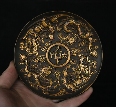 #ad China Dynasty Palace Bronze Dragon Phoenix Pattern Plate Dish Fruit Tray Statue $72.25