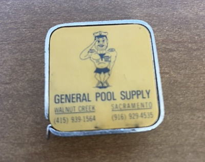 #ad Vintage California Pool Supply General Barlow Tape Measure Metal Muscle Man $12.98