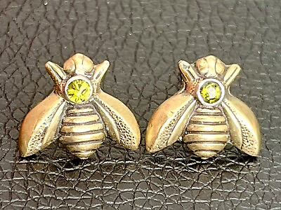 #ad BEE INSECT EARRINGS STERLING SILVER 925 PERIDOT GEMSTONE GOLD OVER VERMEIL $35.00