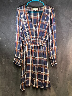 #ad Lucky Brand Casual V Neck Long Sleeve Knee Length Dress Plaid Check Multi Size M $25.24