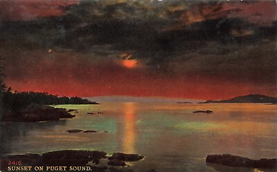 #ad #ad Puget Sound WA Washington Sunset on Puget Sound Scenic View Vintage Postcard $6.39