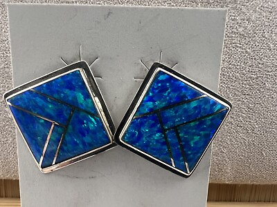 #ad Handmade Blue Opal Earrings Set In Sterling Silver Stamped DD $69.00