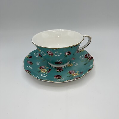 #ad Gracie China Turquoise Teal Rose Chintz Teacup amp; Saucer Gold Trim Read $14.50