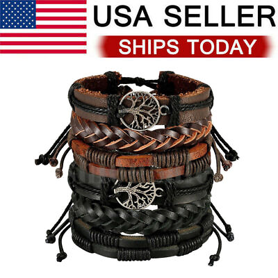 #ad 6Pcs Set Braided Leather Rope Bracelet Set Wristband Bangle Tribal Men Women $9.69