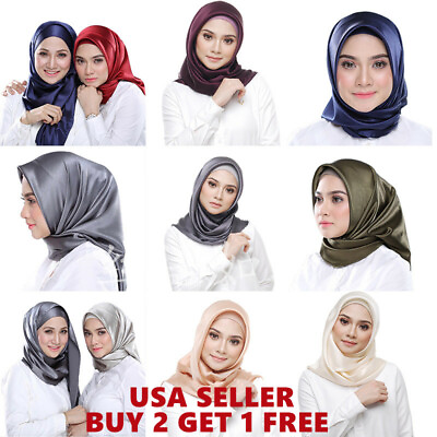 #ad 3x3 FT Satin Silk Scarf Hijab Muslim Solid Color Large Square Head Neck Wrap $6.99