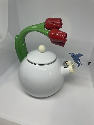 #ad Ancona Teapot Hummingbird Tulip Flower Enamel Whistling White Tea Kettle In Box $149.00