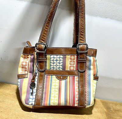 #ad Vintage Fossil Purse Multicolor Pastel Striped Canvas Leather Brown Shoulder Bag $19.97