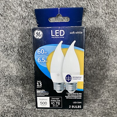#ad GE LED Soft White 60w 6.5w 500 Lumens Led Cam Decorative Frosted 2 Bulbs $10.99