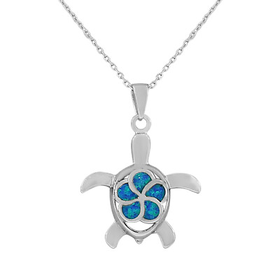 #ad Sterling Silver Blue Turquoise Turtle Marine Fire Opal Pendant Necklace $39.99