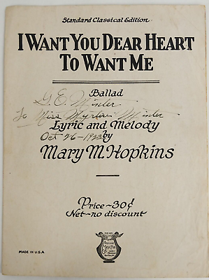 #ad Vintage Sheet Music I Want You Dear Heart To Want Me by Mary M. Hopkins 1921 $10.24
