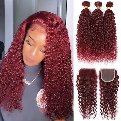 #ad 99J Water Wave Bundles with Closure Burgundy Human Hair 4x4 Lace Closure 12A $160.49