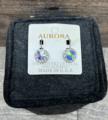 #ad AURORA NEW Earrings Made In USA Swarovski Crystal French Lever back Never Worn $10.49