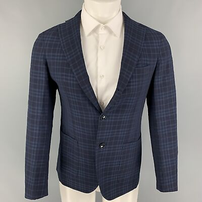 #ad FUGATO for SHIPS Size 36 Navy Blue Plaid Flax Wool Sport Coat $261.60