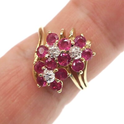#ad 14k Solid Yellow Gold Natural Ruby and Diamond Cluster Cocktail Ring Size 6.25 $321.75