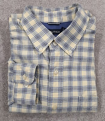 #ad NAUTICA Mens Button Up Shirt LARGE Regular Long Sleeve YELLOW BLUE Plaid 0506 $12.39
