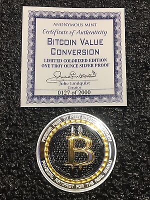 #ad BITCOIN VALUE CONVERSION 1 oz .999 Solid Silver Proof Round Colorized Coin COA $5100.00