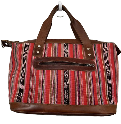 #ad Vintage Nena amp; Co. Purse Guatemalan Tribal Textile Leather Weekender Bag 12x10x5 $45.00