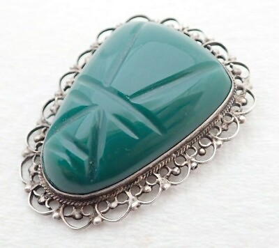 #ad Vintage Mexico Carved Green Onyx Face Mask Sterling Silver Brooch Pin $25.95
