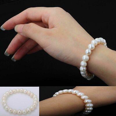 #ad 7.5 Inch Natural 8 9MM Freshwater Pearl Pure White Stretch Bangle Bracelet $8.54