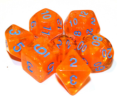 #ad 7 Piece Translucent Shimmer Polyhedral Dice Set w Bag – Orange $11.95