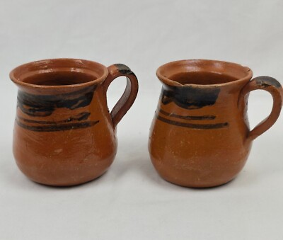 #ad Vintage Handmade Authentic Mexican Terra Cotta Cups Mugs Hand Painted Set Of 2 $15.00