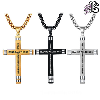 #ad Men Stainless Steel Bible Prayer Necklace Philippians 4:13 Cross Pendant Chain $13.99