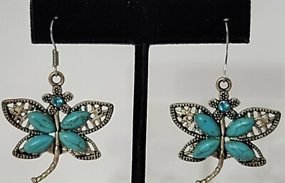 #ad Boho Tibetan Sterling Silver Rhinestone Turquoise Dragonfly Earrings 1.5quot;W EUC $15.00