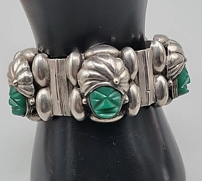 #ad Sterling RA Mexico Carved Green Onyx Portrait Bracelet DF 925 Rancho Alegre 7quot; $132.00