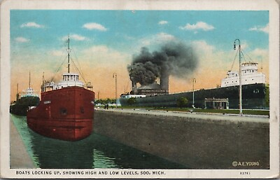 #ad The Soo Locks Hi Low Iron Ore Ships Black Smoke Michigan White Border Postcard $4.00