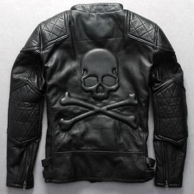 #ad Real Lambskin Cowhide black slim fit Moto biker Black leather jacket with skull $139.99