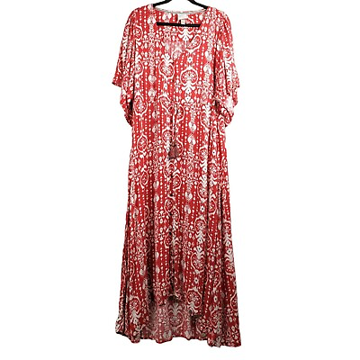 #ad Knox Rose Womens Maxi Dress Size XL V Neck Short Sleeve Red Boho Tassel Button $28.88