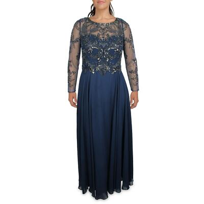 #ad Xscape Womens Navy Beaded Maxi Special Occasion Evening Dress Gown 12 BHFO 2198 $153.50