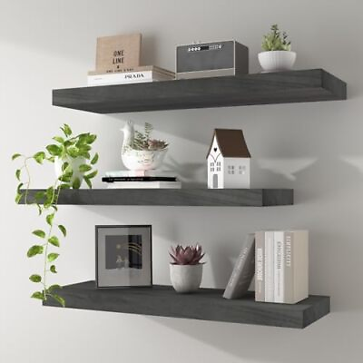 #ad Floating Shelves 24 Inch Wall Shelf Solid Wood 24 inch Set of 3 Grey Stained $109.00