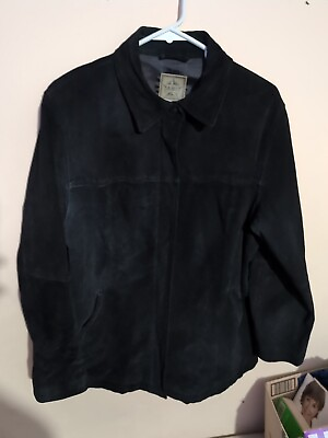 #ad AMI 100% Suede Leather Jacket Men Sz Large Satin Polyester Black Hidden Full Zip $65.00
