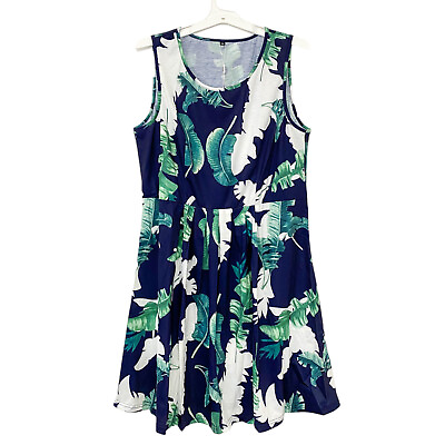 #ad Kilig Womens Size XXL Sleeveless Scoop Neck Sun Dress Tropical Leaves Blue $7.19