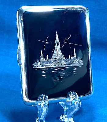 #ad Sterling Silver Siam Niello Temple Cigarette Case 110 Grams Antique 4quot; wide $180.00