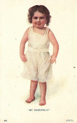 #ad Vintage Postcard My Underalls Portrait Cute Little Girl Curly Hair Barefoot Art $9.88