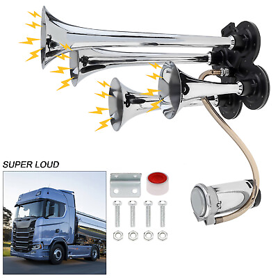 #ad 12V 185db Super Loud Four Trumpet Car Musical Sound Air Horn with Compressor $52.25