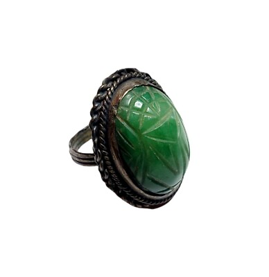 #ad Antique Mexican Carved Jade or Hard Stone Silver Scarab Ornate Ring Size 7.75 $59.00