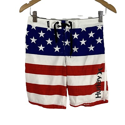 #ad Hurley Mens Multicolor American Flag Print Drawstring Swim Board Shorts Sz 10 25 $8.99