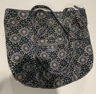 #ad Vera Bradley Roomy Large Cotton Quilt Tote Black Blue Gray Floral $4.99