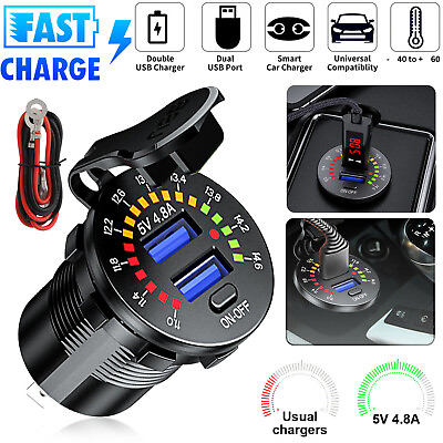 #ad 12V 4.8A Dual USB Car Fast Charger Socket Power Outlet LED Voltmeter Waterproof $11.98